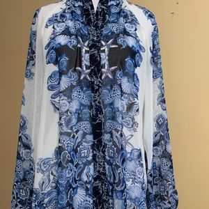 WHBM 100% poly sheer blue Seashell design Sheer button up blouse NWT siz…